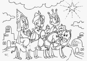 Imagen de los Tres Reyes magos siguiendo la estrella para dibujar y recortar
