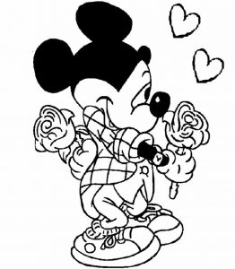 Mickey Mouse disney enamorado con flores y chocolates para pintar y dibujar