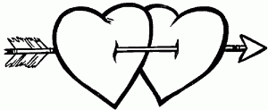 Plantilla de dos corazones con una flecha juntos cupido para dibujar y colorear